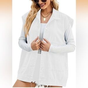 Women’s White Denim Button Front Vest Oversized Lightweight Layering Jacket, XS